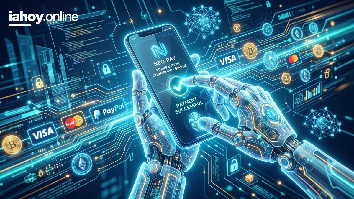 Mano robotica sosteniendo un celular con un pago confirmado y los logos de Visa, Mastercard, PayPal, Bitcoin y Ethereum, representando a los agentes de inteligencia artificial que hacen compras solos