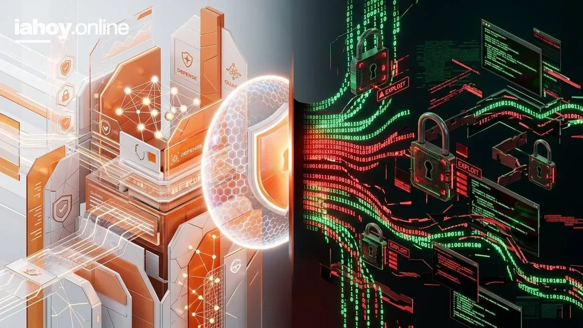 Ilustracion dividida que contrasta la defensa y el ataque informatico: a la izquierda un escudo hexagonal naranja con nodos conectados, a la derecha un entorno oscuro con codigo binario, candados y etiquetas de explotacion