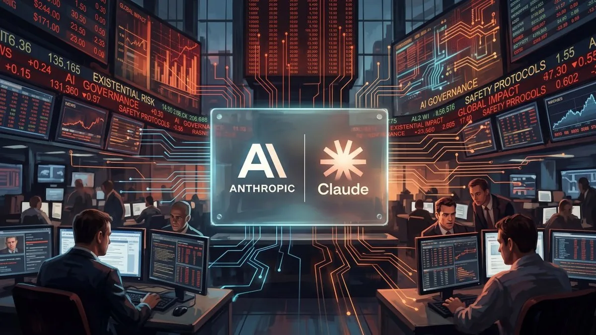 Sala de control futurista con el logo de Anthropic y Claude en una pantalla central, monitores con datos bursatiles y las palabras riesgo existencial, gobernanza y protocolos de seguridad