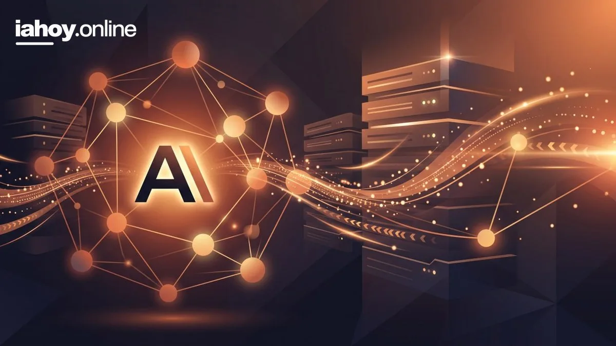 Las letras IA en tipografia oscura dentro de un halo naranja luminoso, rodeadas de una red neuronal de nodos y flujos de datos que van hacia servidores, representando el precio de los modelos de IA para startups