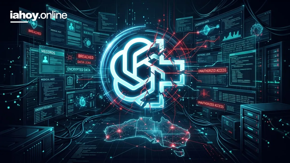 Centro de datos con alertas de brecha de seguridad, un mapa de Australia y paneles de datos medicos tras el acceso no autorizado de un agente de IA
