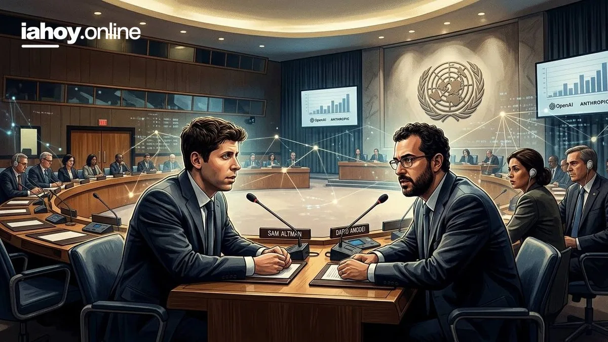 Los directores de OpenAI y Anthropic sentados ante la ONU con pantallas que comparan a las dos empresas de inteligencia artificial