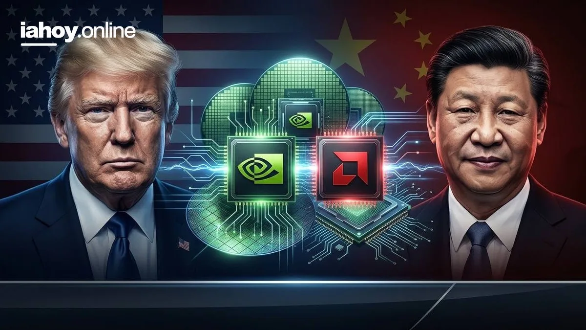 Donald Trump y Xi Jinping frente a las banderas de Estados Unidos y China con chips de semiconductores de las marcas Nvidia y AMD