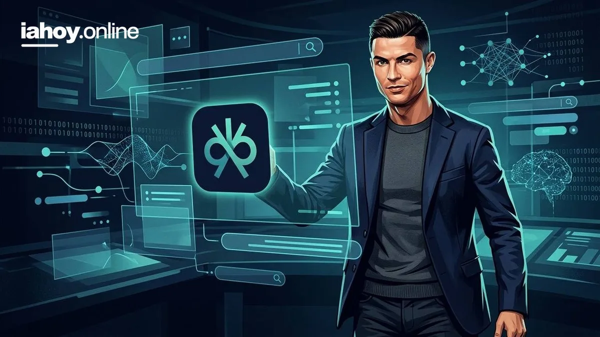 Empresario frente a una pantalla holografica con iconos de aplicaciones, codigo binario y diagramas de red representando la busqueda con inteligencia artificial