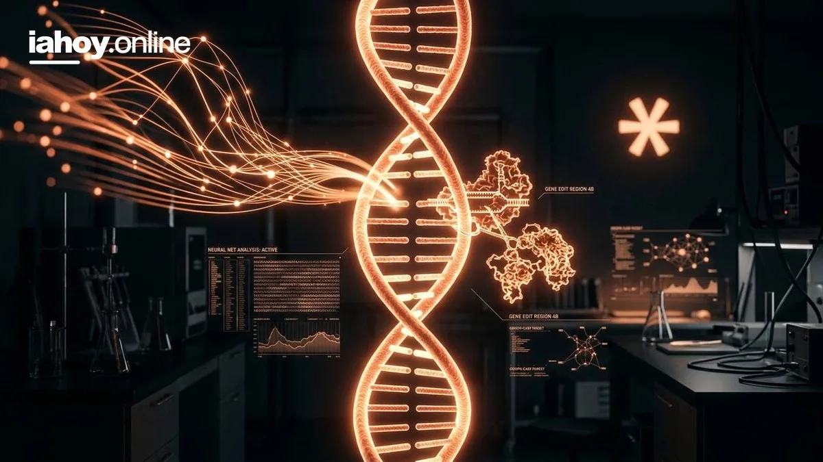 Helice de ADN iluminada con paneles de analisis de IA y objetivos de edicion genetica CRISPR-Cas9