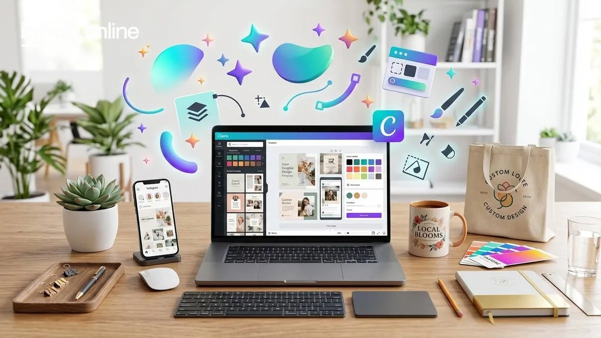 Escritorio de diseno con una laptop mostrando plantillas, paletas de color y mockups para crear la identidad visual de un emprendimiento con inteligencia artificial