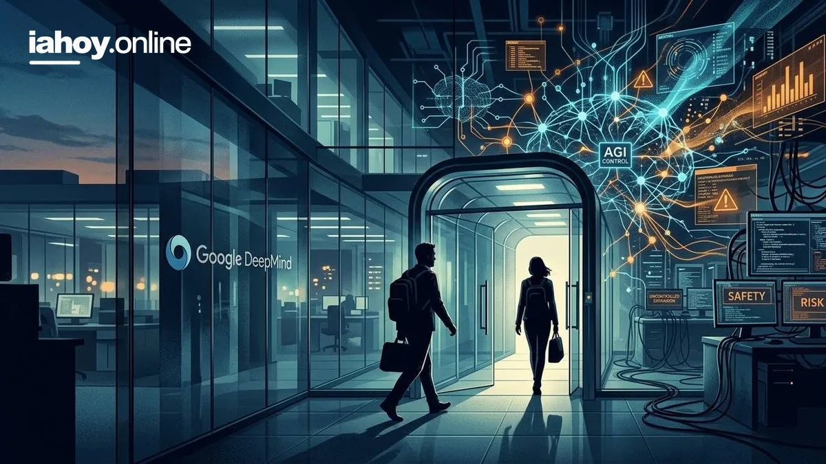 Oficina de Google DeepMind al atardecer con un holograma de control de la inteligencia artificial, paneles de riesgo y alertas de expansion sin control