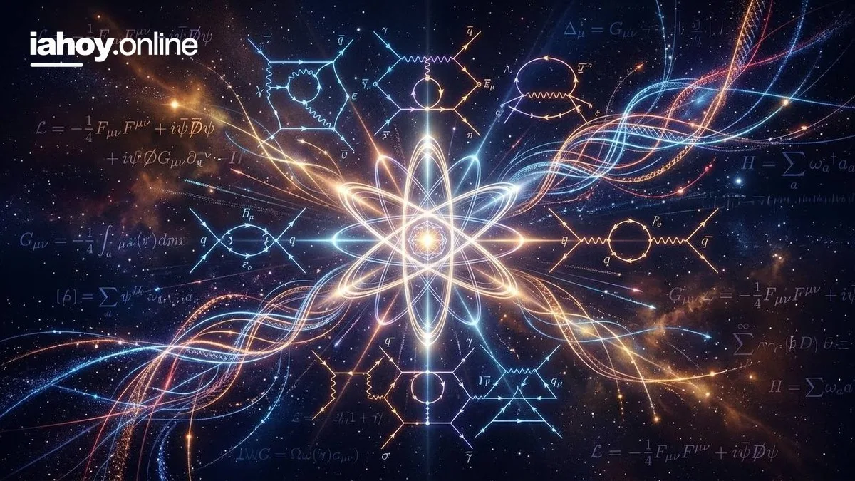 Visualizacion de fisica de particulas con el simbolo atomico, ecuaciones de teoria cuantica de campos y diagramas de Feynman representando el calculo de una amplitud de scattering