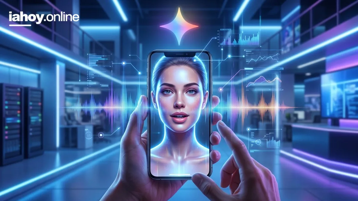 Mano sosteniendo un celular con una cara generada por inteligencia artificial y el logo de Gemini, con ondas de audio y paneles de datos flotando en una oficina futurista