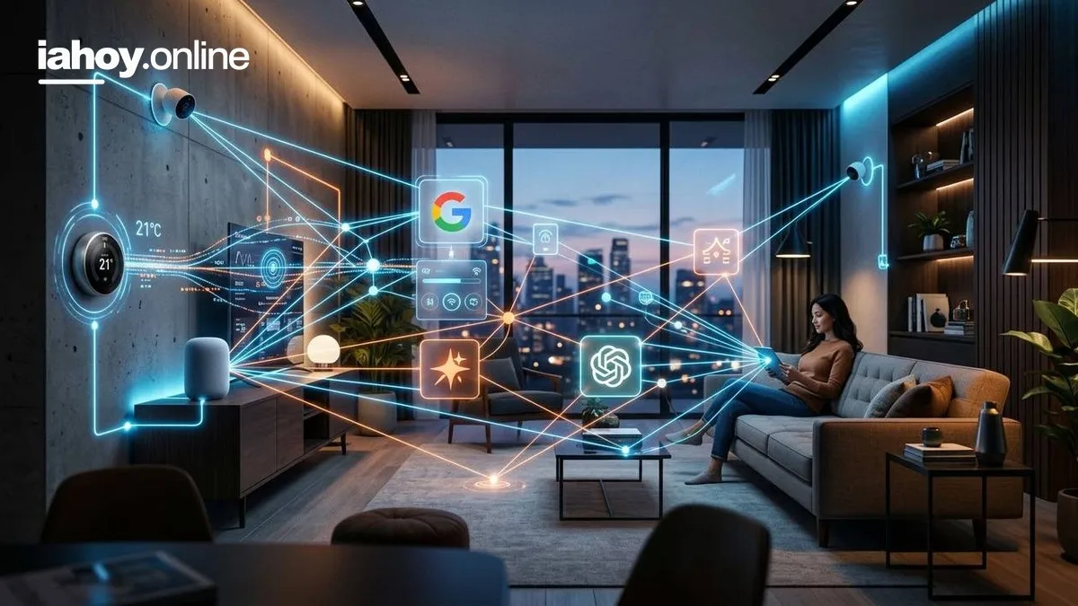Living inteligente de noche con una persona usando el celular y dispositivos conectados por una red que incluye los logos de Google y ChatGPT