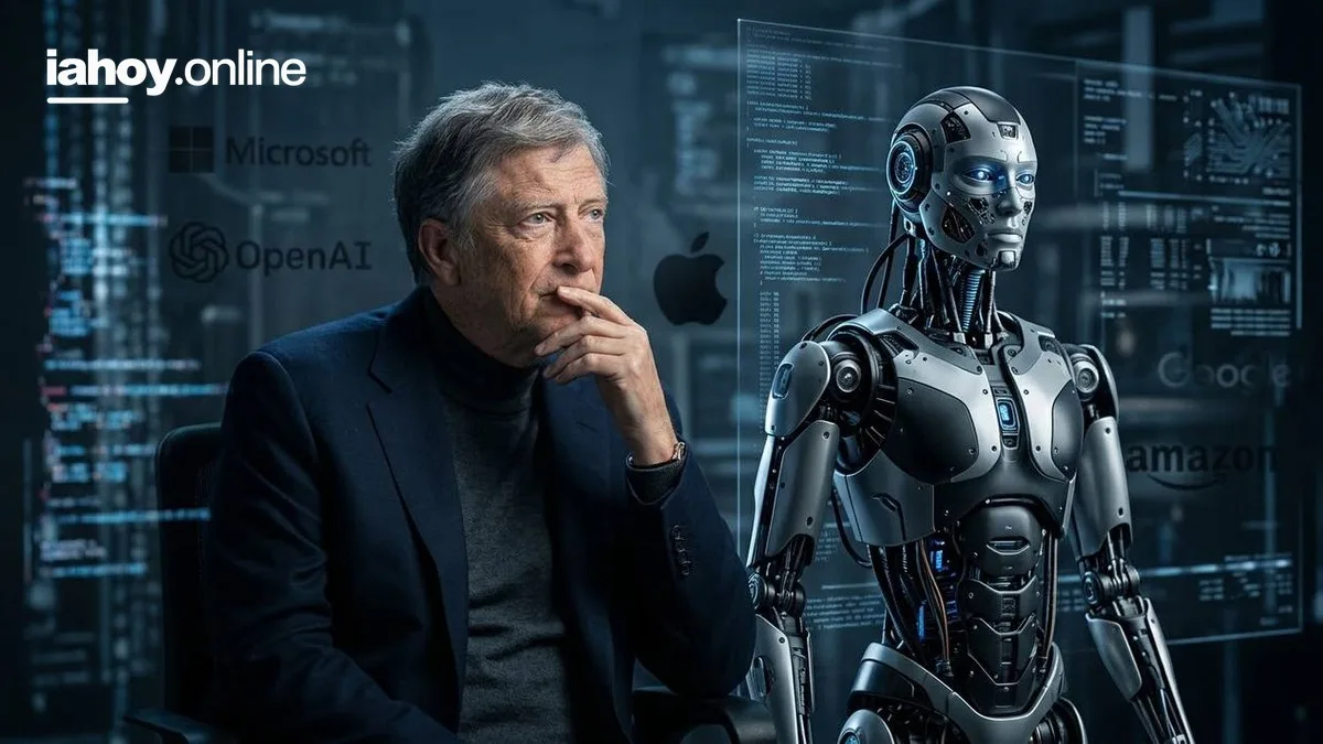 Bill Gates pensativo junto a un robot humanoide con paneles de codigo y los logos de las grandes tecnologicas