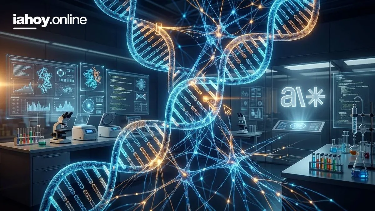 Laboratorio de genetica con una doble helice de ADN, una red neuronal de inteligencia artificial y equipos de analisis de datos representando el hallazgo genetico cuestionado