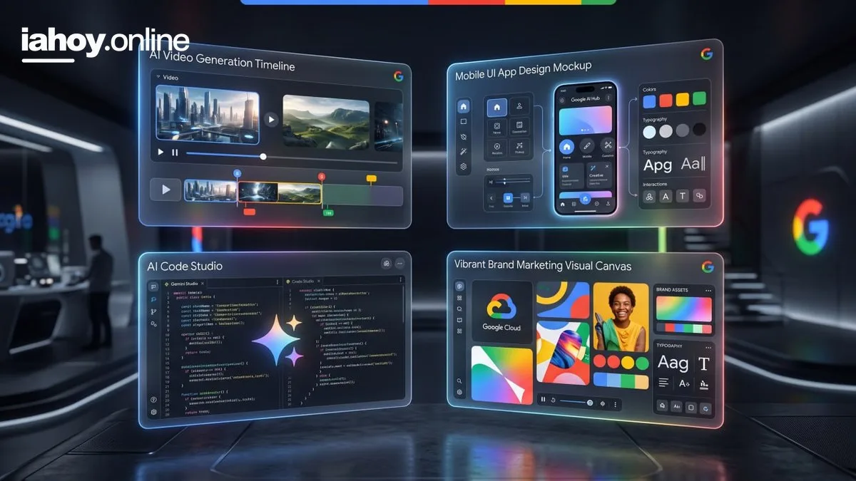 Cuatro paneles de vidrio flotando en un estudio oscuro con el logo de Google, mostrando creacion de video, diseno de apps, codigo y marketing