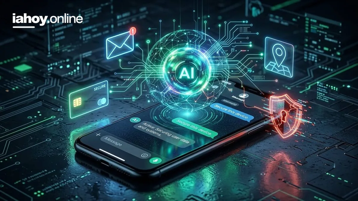 Telefono inteligente sobre una placa de circuitos con un agente de inteligencia artificial conectado a mensajeria, pagos y proteccion de datos personales