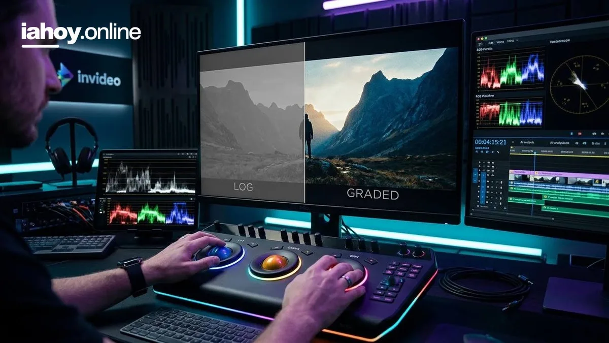 Colorista trabajando en una sala de etalonaje con monitores que comparan una imagen LOG sin corregir con la version corregida y paneles de control de color