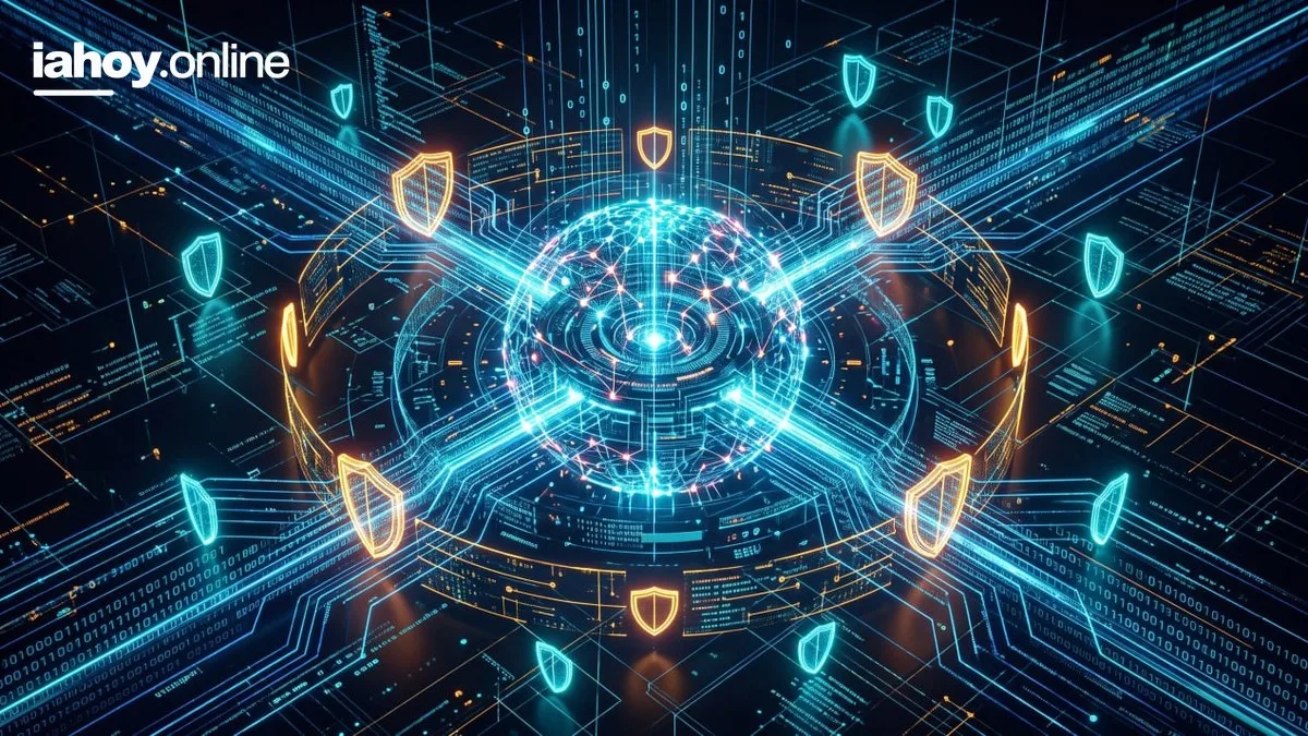 Globo terraqueo en wireframe azul con un anillo de escudos de ciberseguridad conectados por circuitos, sobre fondo de codigo binario