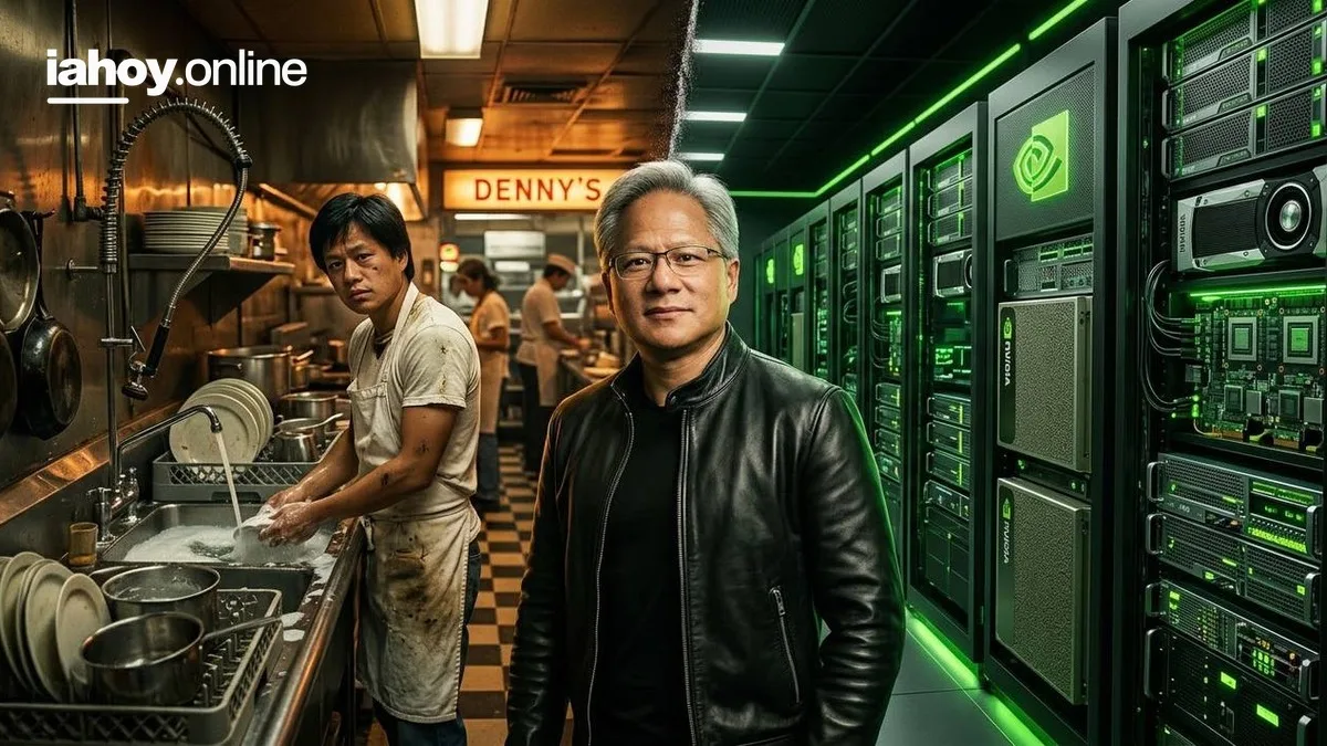 Jensen Huang con su campera de cuero negra frente a la cocina de un Dennys y a los racks de servidores de Nvidia con chips de inteligencia artificial