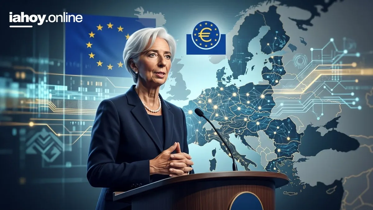 Christine Lagarde, presidenta del Banco Central Europeo, frente a un mapa digital de Europa con nodos luminosos, la bandera de la Union Europea y el simbolo del euro