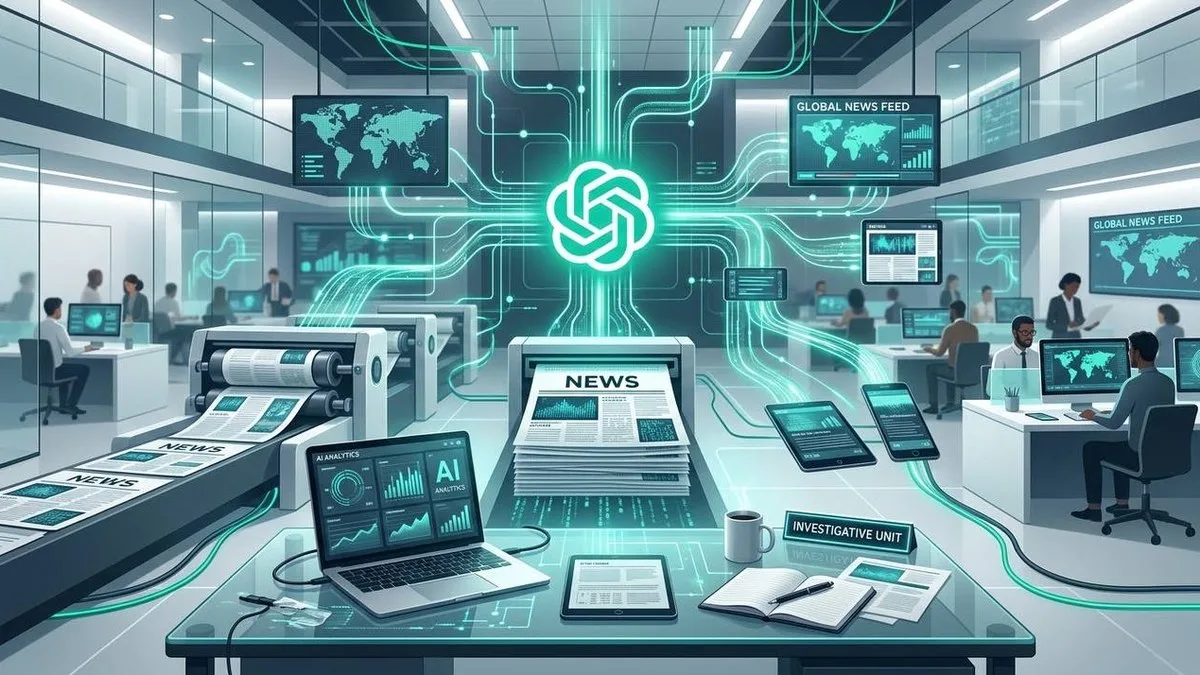 Redaccion de noticias futurista con el logo de OpenAI, pantallas de datos y una imprenta, representando la inteligencia artificial aplicada al periodismo