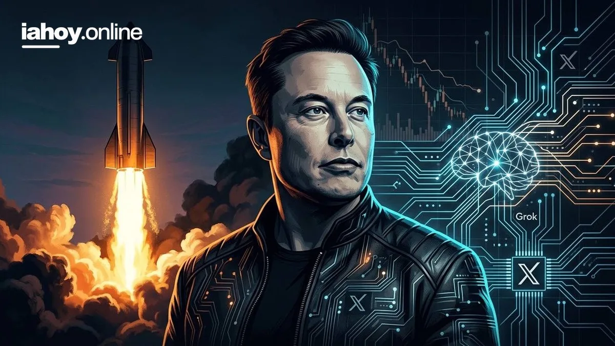 Elon Musk con el cohete de SpaceX, el logo de X y una red neuronal de Grok sobre un grafico de bolsa