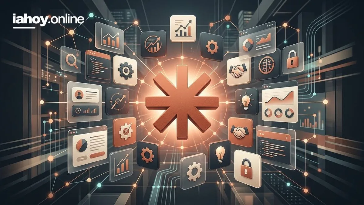 El logo de Claude rodeado de tarjetas con herramientas de datos, seguridad y colaboracion conectadas en red