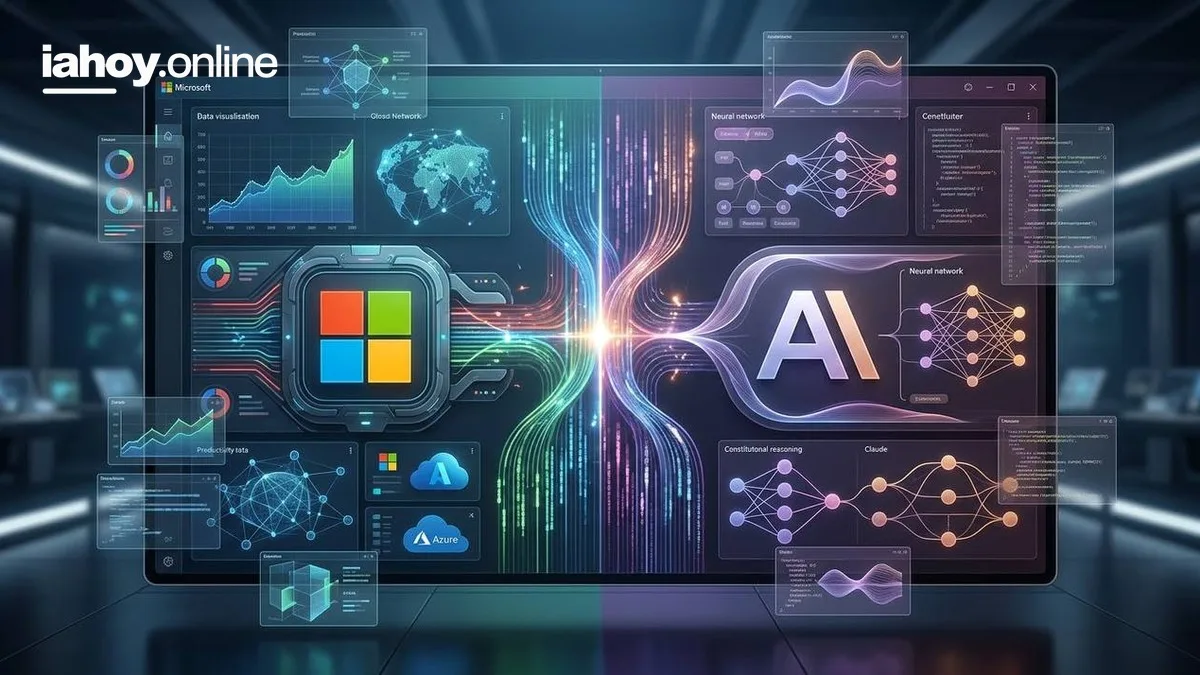 Panel que muestra la integracion del ecosistema de Microsoft con inteligencia artificial y redes neuronales frente a las herramientas de Anthropic