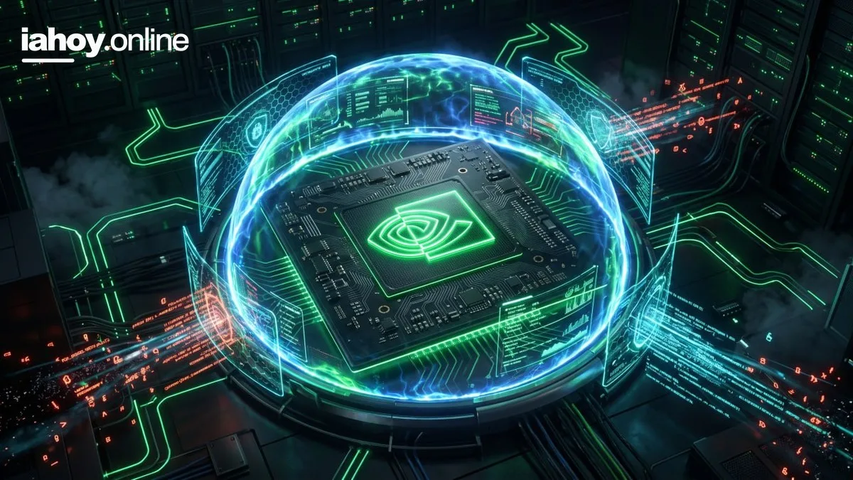 Chip procesador con el logo de Nvidia protegido por una cupula translucida con escudos hexagonales y paneles de datos, representando la plataforma para controlar agentes de inteligencia artificial