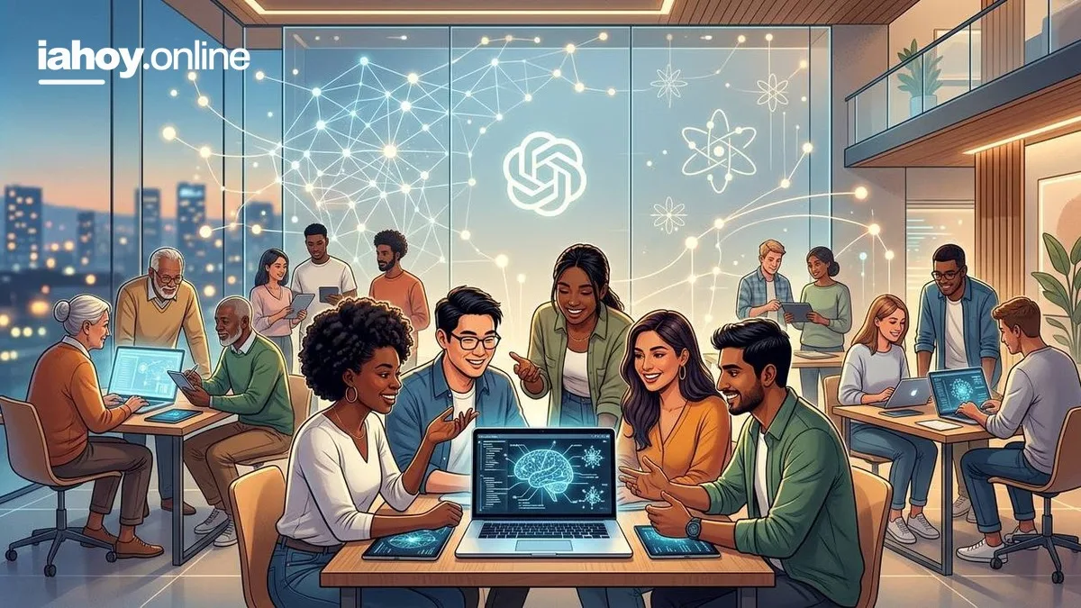 Equipo profesional trabajando con redes neuronales en una oficina moderna con el logo de OpenAI