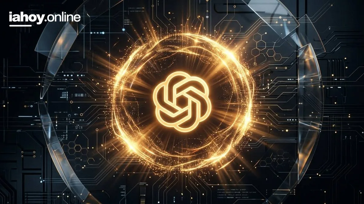 El logo de OpenAI en dorado brillante sobre un fondo oscuro con trazos de circuito, nodos, hexagonos y anillos de luz