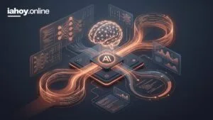 Cerebro digital con un chip de inteligencia artificial y paneles de datos y redes neuronales