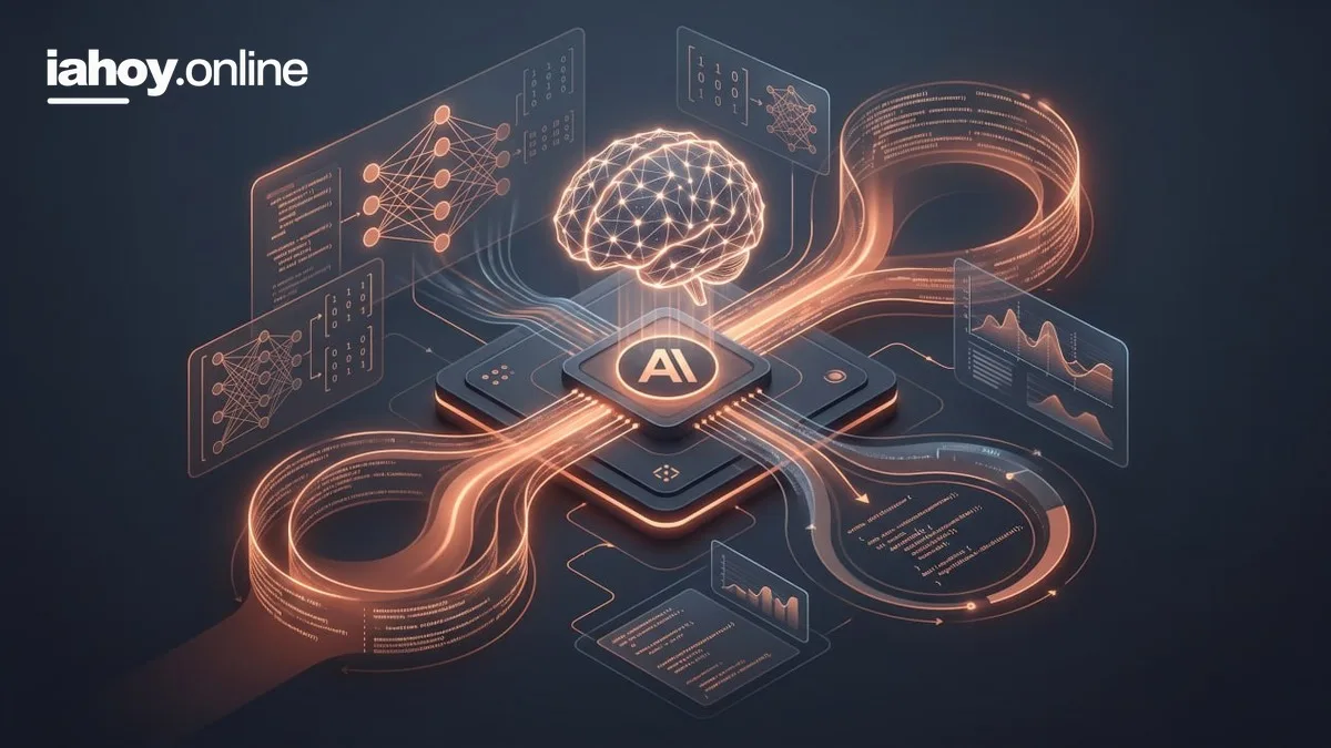 Cerebro digital con un chip de inteligencia artificial y paneles de datos y redes neuronales