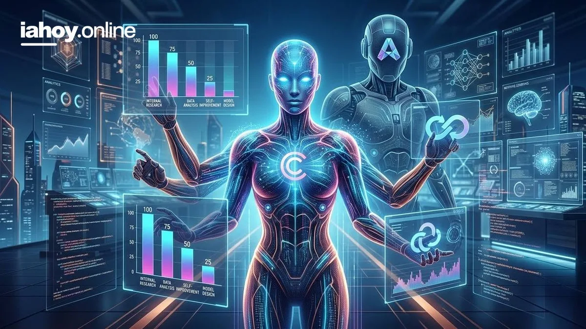 Representacion de una inteligencia artificial femenina analizando datos y mejorando sus propios modelos