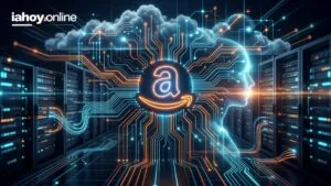 Centro de datos de Amazon Web Services con el logo de AWS y servicios de inteligencia artificial en la nube