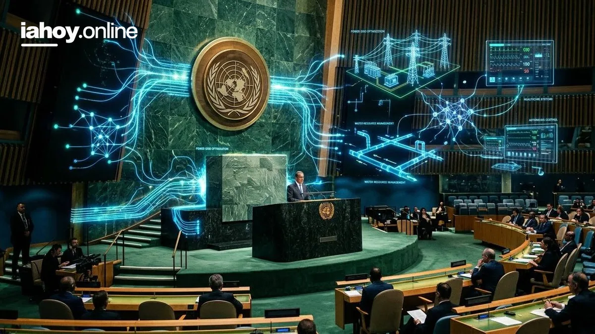 Orador en la Asamblea General de la ONU con proyecciones sobre redes de energia, agua y salud controladas por IA