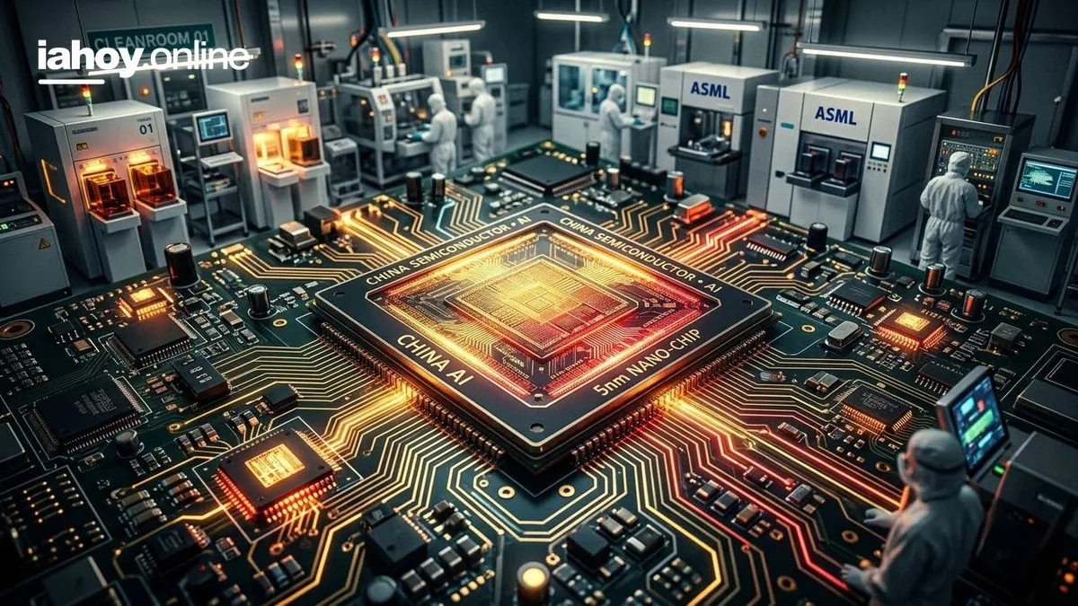 Technicians en una sala limpia de semiconductores con un chip gigante que dice China Semiconductor AI y 5nm nano-chip
