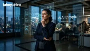 Investigadora en una oficina moderna con paneles que dicen seguridad de inteligencia artificial y una red neuronal