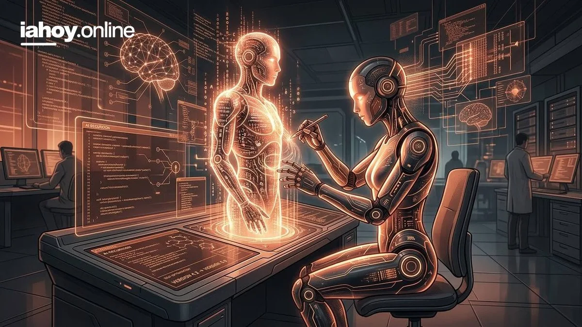 Robot humanoide disenando su propia version sobre un cuerpo holografico en un laboratorio de inteligencia artificial
