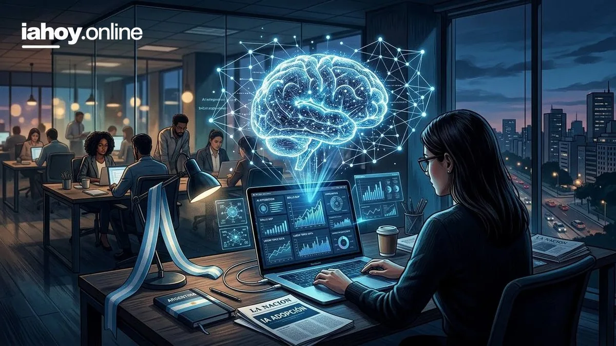Persona trabajando con paneles de datos de inteligencia artificial junto a un diario argentino