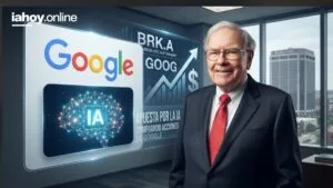 Warren Buffett frente a pantallas con el logo de Google y cotizaciones de acciones vinculadas a la inteligencia artificial