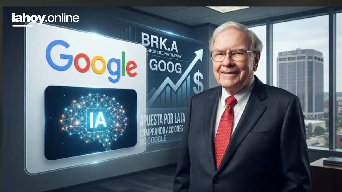 Warren Buffett frente a pantallas con el logo de Google y cotizaciones de acciones vinculadas a la inteligencia artificial