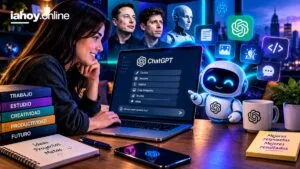 Persona trabajando con ChatGPT en una notebook con libros de productividad y estudio