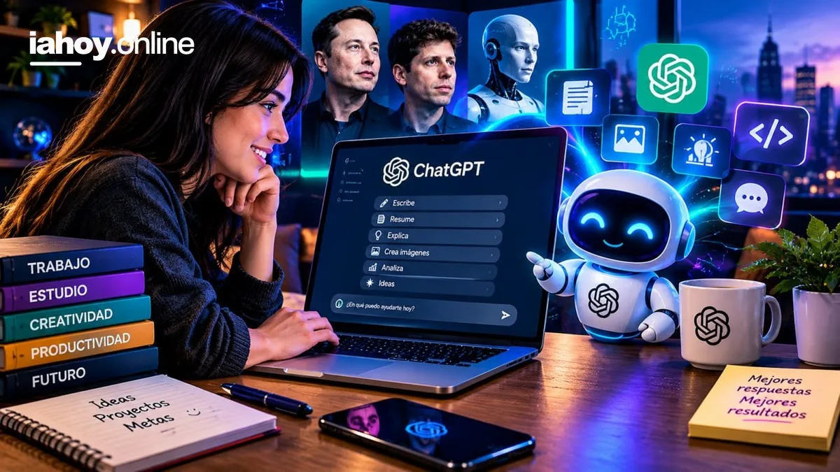 Persona trabajando con ChatGPT en una notebook con libros de productividad y estudio