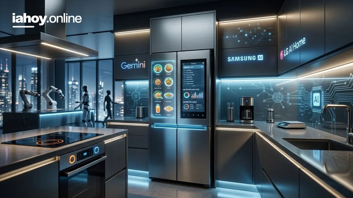 Cocina moderna con heladera inteligente de pantalla tactil y electrodomesticos con inteligencia artificial