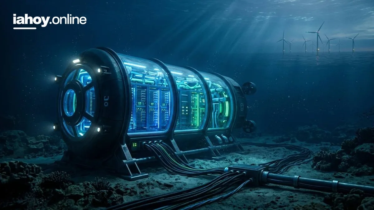 CapSULA de data center submarino con servidores iluminados en el fondo del mar y aerogeneradores en la superficie