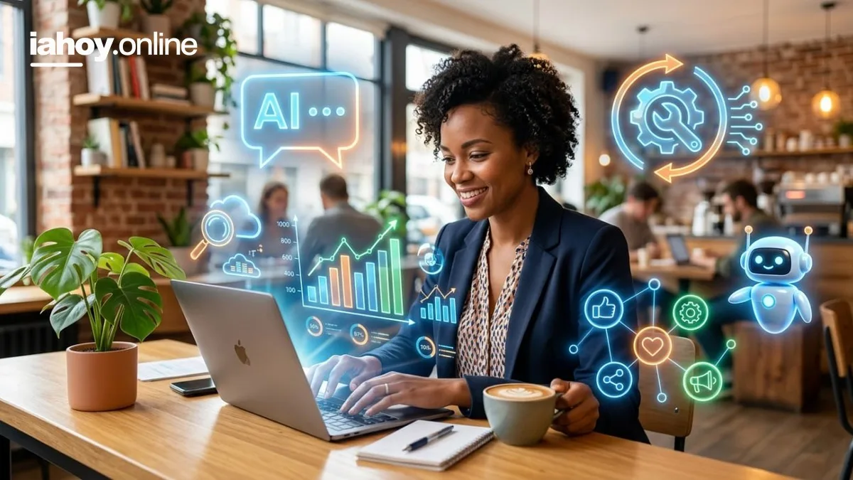 Emprendedora trabajando en su negocio con herramientas de inteligencia artificial para analisis y redes sociales