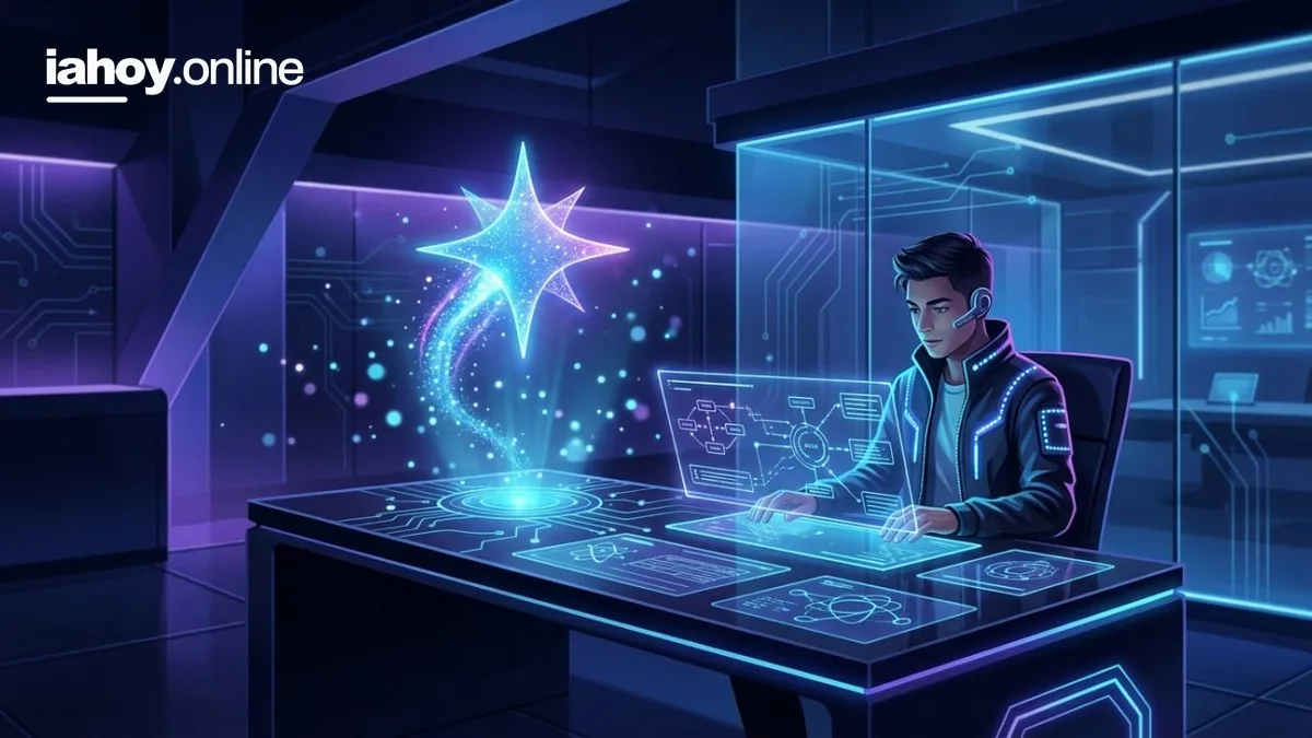 Persona estudiando con paneles holograficos de inteligencia artificial en un entorno tecnologico