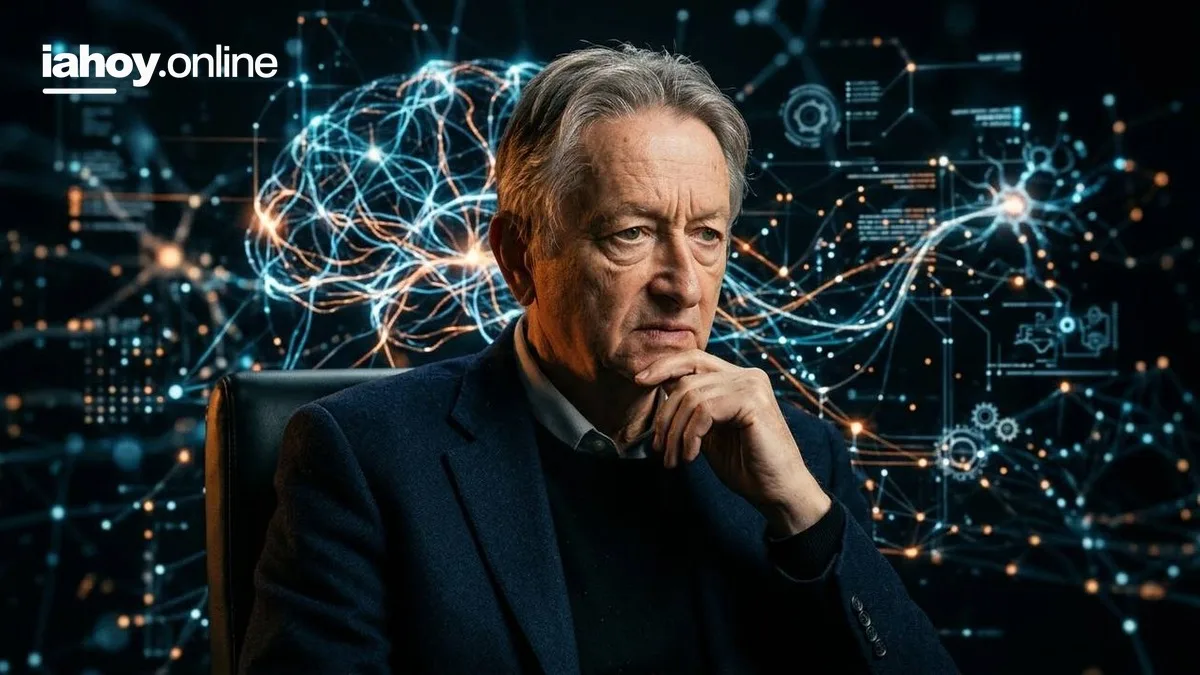 Geoffrey Hinton pensativo frente a una red neuronal de inteligencia artificial en tonos azules