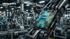Brazo robotico sosteniendo un procesador Hygon para inteligencia artificial fisica en una fabrica automatizada