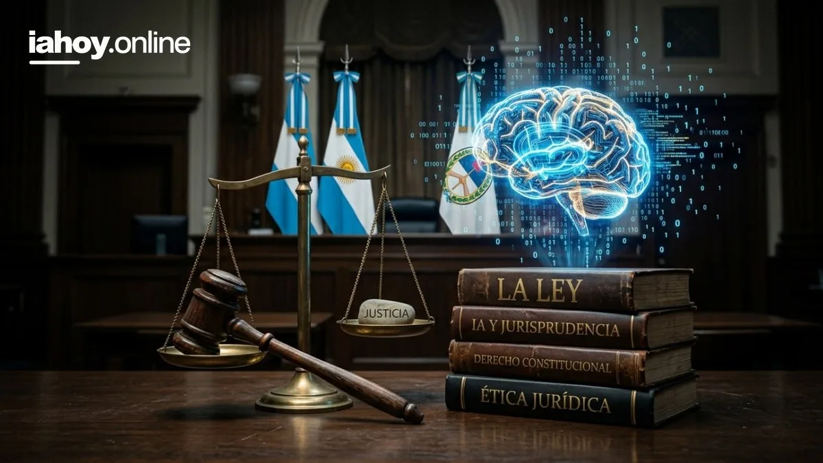 Martillo de juez balanza de la justicia libros de derecho y un cerebro digital de inteligencia artificial con la bandera argentina