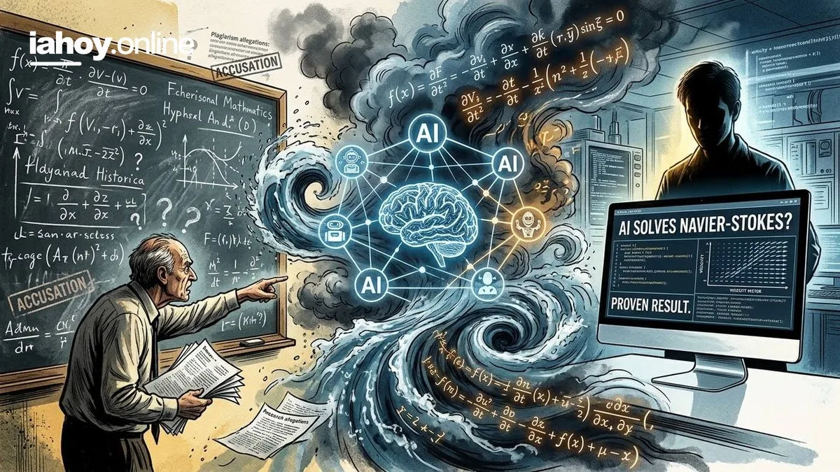 Matematico senalando ecuaciones y una inteligencia artificial mostrando la resolucion del problema de Navier-Stokes